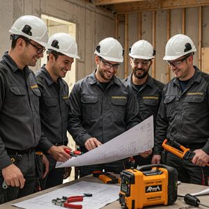 Team Marastoni che collabora su un progetto elettrico